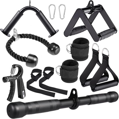 10-in-1 Cable Machine Attachments Set for Gym - Includes Tricep Rope, V-Bar, Straight Bar, D-Handle, Ankle/Wrist Straps, Storage Bag - Compatible with LAT Pulldown & Home Gym Cable Machines
