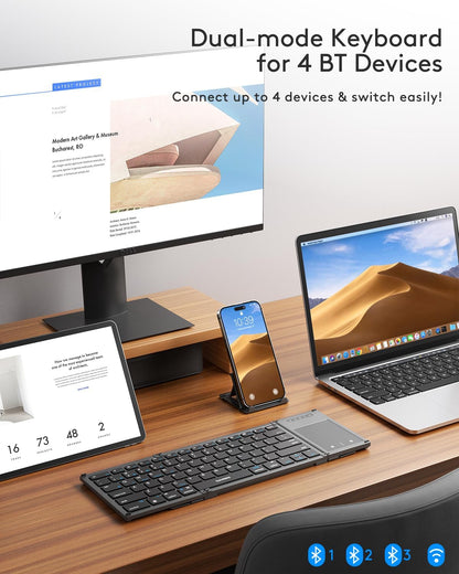 Samsers Foldable Bluetooth Keyboard with Touchpad, Full-Size Dual-Mode Wireless Folding, Rechargeable Portable Travel for iOS Android Windows Mac OS, Support 4 Device(BT5.1x3 + 2.4G)