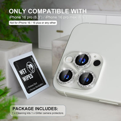 Choiche Compatible for iPhone 16 Pro/iPhone 16 Pro Max Camera Lens Protector, Bling Camera Cover with 9H Tempered Glass Lens Screen Protector Metal Ring Decoration Accessories(Clear-Silver)