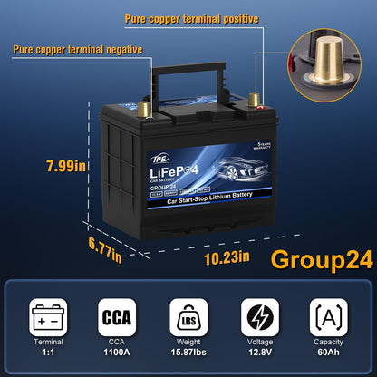 TPE GROUP G24 Lithium Car Battery - High Capacity, 12V, Maintenance-Free, Long-Lasting for Reliable Power
