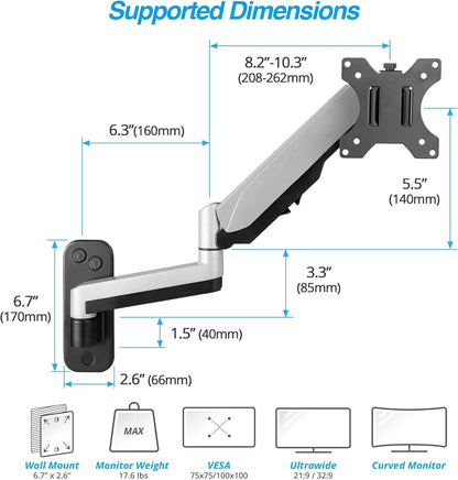 AVLT Single 13"-32" Monitor Wall Mount fits One Flat/Curved Computer Monitor Full Motion Height Swivel Tilt Rotation Adjustable Monitor Arm - VESA/Cable Management