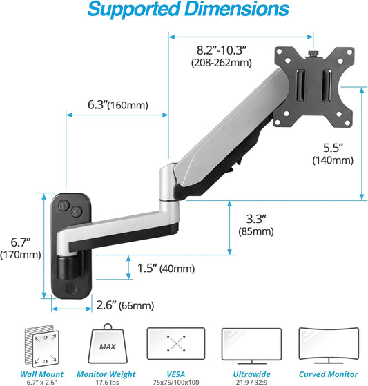 AVLT Single 13"-32" Monitor Wall Mount fits One Flat/Curved Computer Monitor Full Motion Height Swivel Tilt Rotation Adjustable Monitor Arm - VESA/Cable Management