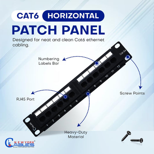 NewYork Cables 12 Port Cat6 Patch Panel – 10Gb Ethernet, 1U Horizontal Wall Mount Loaded 10-Inch Keystone, UTP, Cable Ties, – Black