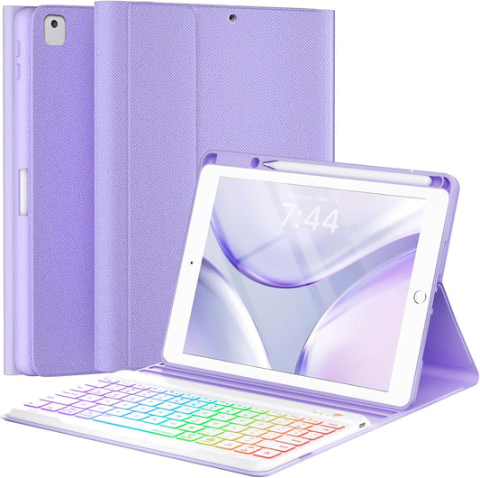 OYEEICE for iPad 9th Generation Case with Keyboard 10.2'' - 7 Color Backlit Wireless Keyboard Cover with Pencil Holder for iPad 9th/8th/7th Gen 10.2 inch, iPad Air 3rd Gen & iPad Pro 10.5" - Purple