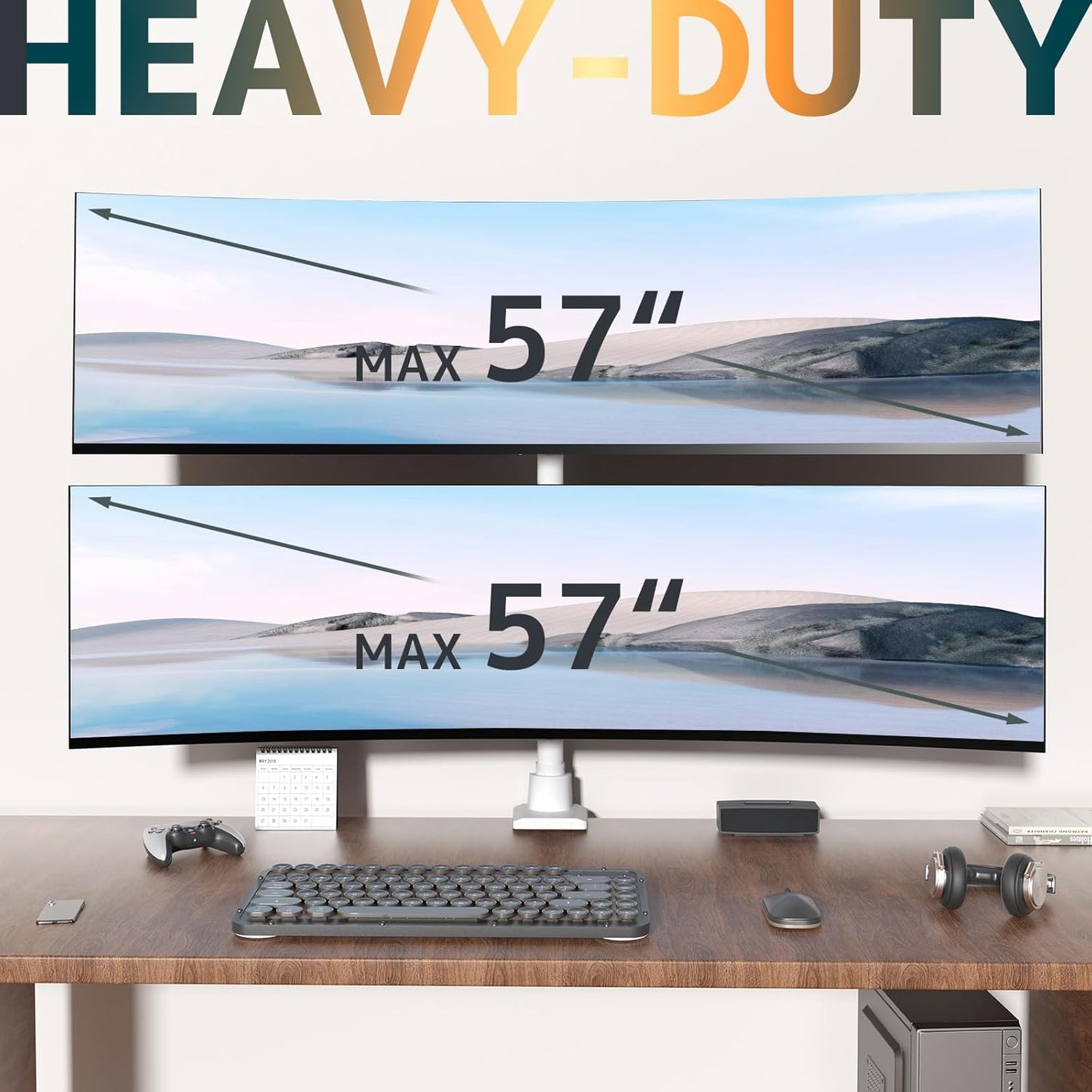 Dual Monitor-Arm Heavy Duty Ultrawide - 24-57 inch Vertical Dual Monitor Mount, Adjustable Stacked Double Monitor Desk Mount Stand, Max Load 59.4 lbs (per Screen), VESA 75/100 mm, White