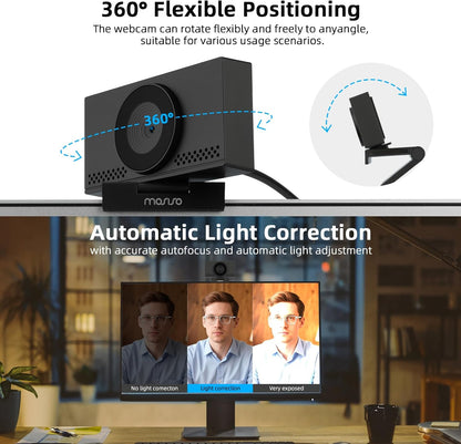 MOSISO 4K Webcam for PC & Laptop with Microphone and Webcam Cover, Auto Light Correction, USB Plug and Play for Live Streaming Video Call Conference Online Lessons Game, Black