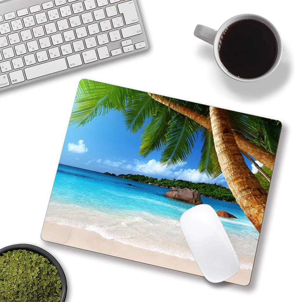 Beach Mouse Pad With Coconut Trees - Gaming Mat, Square Waterproof, Non-Slip Rubber Base for Office, Home, Laptop, Travel - 9.5"x7.9"x0.12" Inch