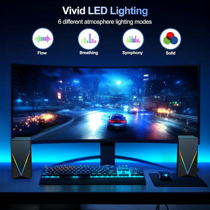RGB Desktop Speakers with Enhanced Bass, Volume Control & 6 Colorful Lights - USB Powered & 3.5mm Aux Gaming Speakers for Laptop, PC, Tablet, Phone