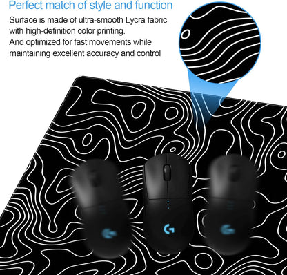 Black and White Topographic Map Gaming Mouse Pad - XXL Extended Desk Mat for Keyboard & Mouse (31.5" x 15.7") with Non-Slip Base & Stitched Edges - Washable Surface for Computer or Gaming Desk