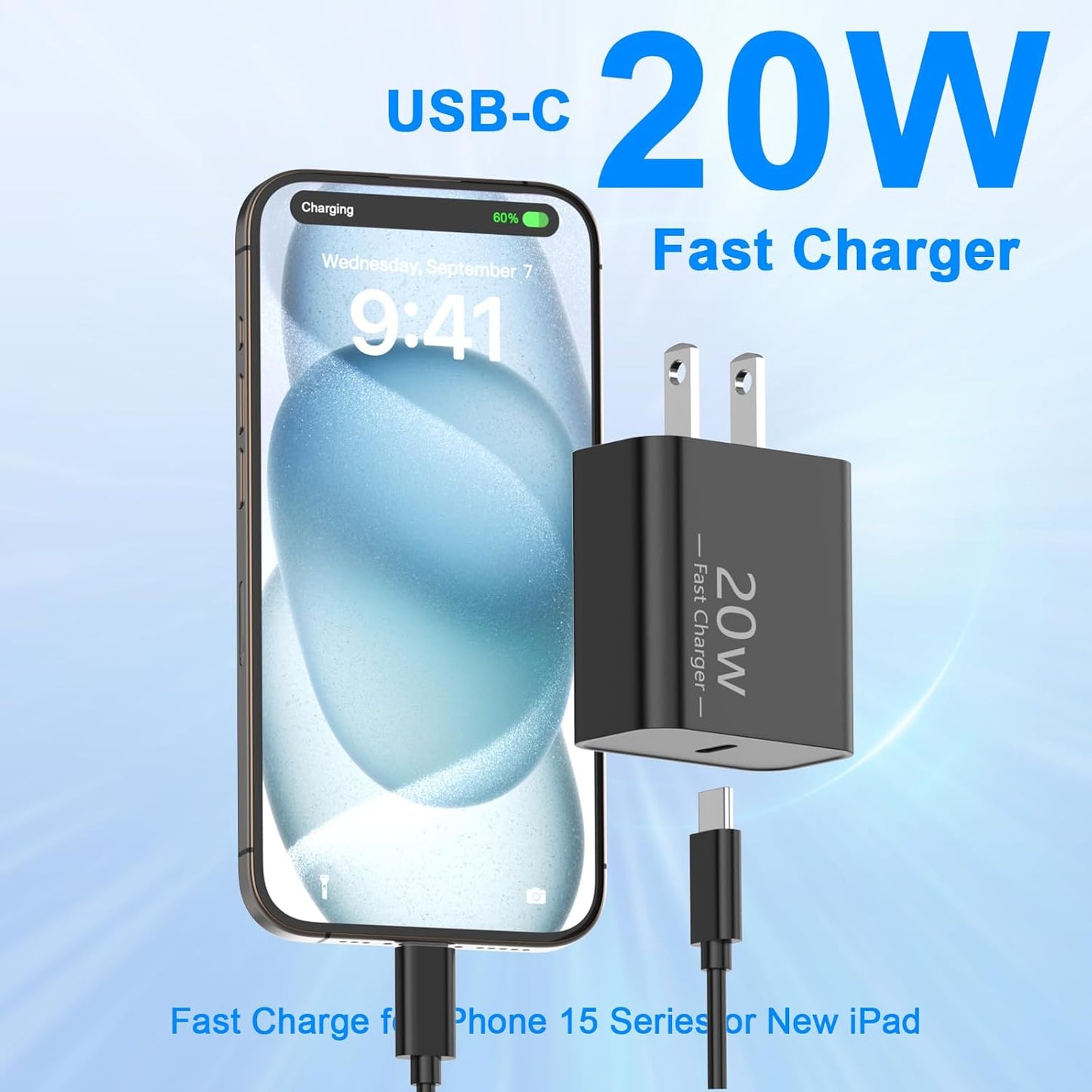 Matsusho iPhone 16 15 Charger Fast Charging 10 FT, 2 Pack 20W USB C Wall Charger with 10FT Type C Charger Cable Compatible for iPhone 16/16 Plus/16 Pro/16 Pro Max/15/15 Pro/15 Pro Max/15 Plus, Black