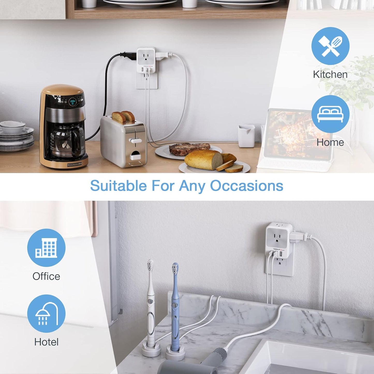 Multi Plug Outlet Splitter with USB, TESSAN 4 Electrical Outlet Extender Surge Protector with 3 USB Wall Charger Blocks, Multiple Plug Expander Box for Home Office Dorm Room Essentials