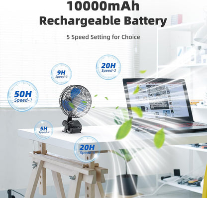 ATEngeus 4 in1 USB Fan, 8” Clip Fan, 10000mAh Rechargeable Table Fan, 5 Speeds Battery Operated Fan, 45°/90° Automatic Rotation, 3 Time Setting, with Clip & Hook for Homes, Offices, Bedroom