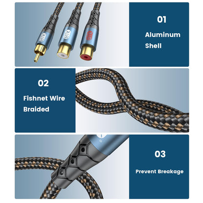 EMK RCA Splitter 1 Male to 2RCA Female Copper Shell Gold-Plated Y Adapter RCA Male to 2RCA Female Cable RCA Y Splitter Connectors Extension Cord 1ft/0.3m