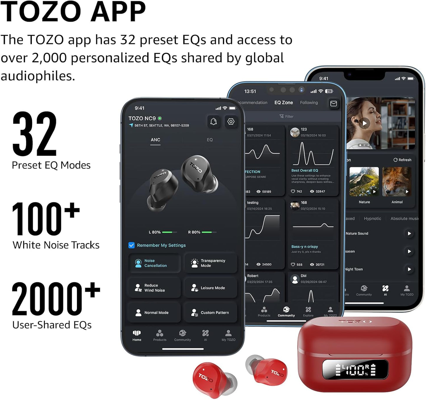 TOZO NC9 Hybrid Active Noise Cancelling Wireless Earbuds, 6 Mics ENC Clear Call, IPX8 Waterproof, in Ear Bluetooth 5.3 Headphones Stereo Bass Ear Buds 59H Playtime with LED Display 32 EQs via APP