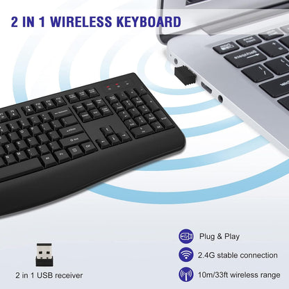 Wireless Keyboard, 2.4G Full-Sized Ergonomic Wireless Computer Keyboard with Wrist Rest for Windows, Mac OS Laptop/PC/Desktop/Notebook(Black)
