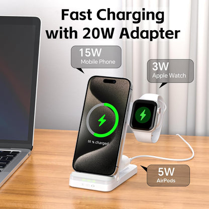Wireless Charger, Tribone 3 in 1 Foldable Fast Charger for iPhone 17 16 15 14 13 12 11 Pro Max XR XS 8 Plus, for Apple Watch 11 10 9 8 7 6 5 4 3 2 SE Ultra,for AirPods Pro 4 3 2 (White)