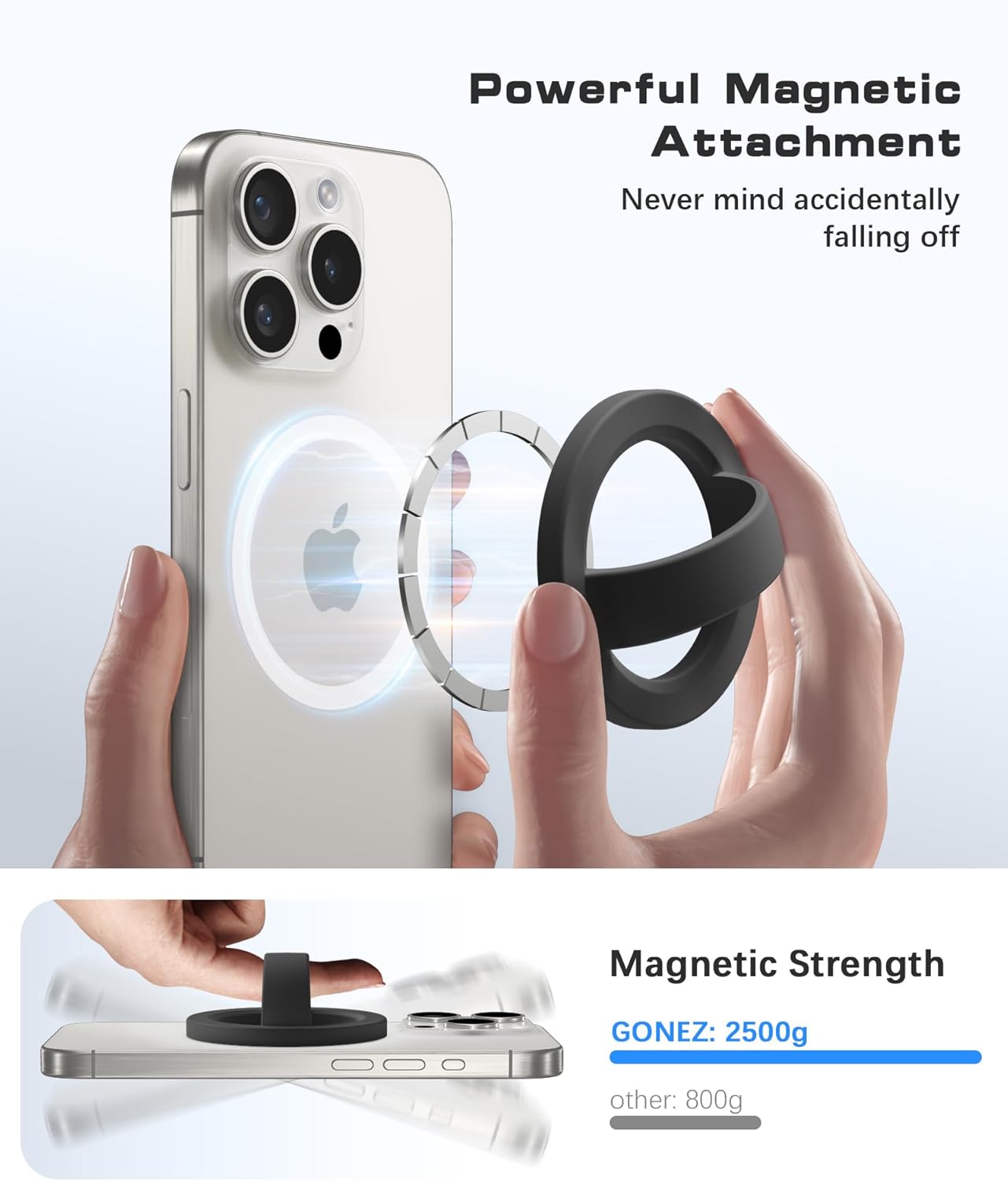 GONEZ Magnetic Phone Grip Compatible with MagSafe, Removable Silicone Loop Grip, Phone Ring Holder for Back of Phone for iPhone 16/15/14/13/12 Series, Black