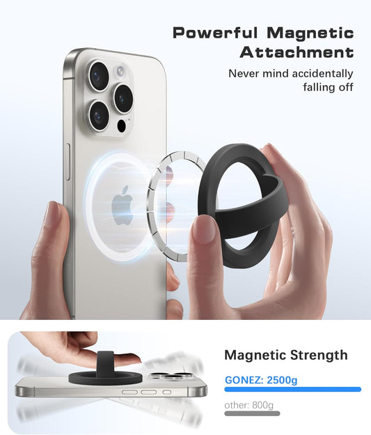 GONEZ Magnetic Phone Grip Compatible with MagSafe, Removable Silicone Loop Grip, Phone Ring Holder for Back of Phone for iPhone 16/15/14/13/12 Series, Black