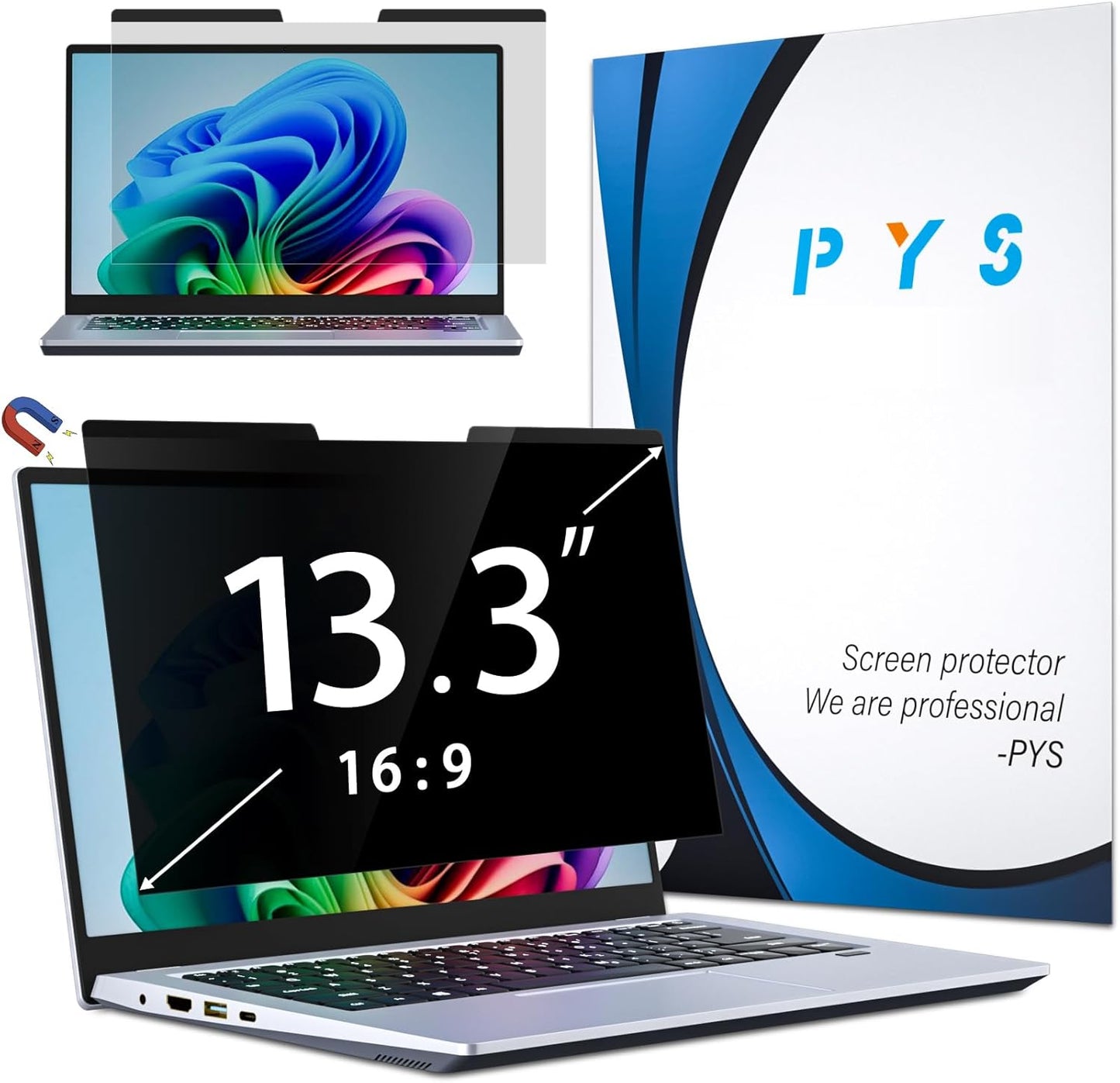 PYS Magnetic Laptop Privacy Screen 13.3 Inch (16:9 Aspect) - Anti-Glare Blue Light Filter, Removable Privacy Screen Protector Compatible with HP/Dell/Acer/Lenovo/Samsung/ASUS (11.6x6.5inch/ W x H)