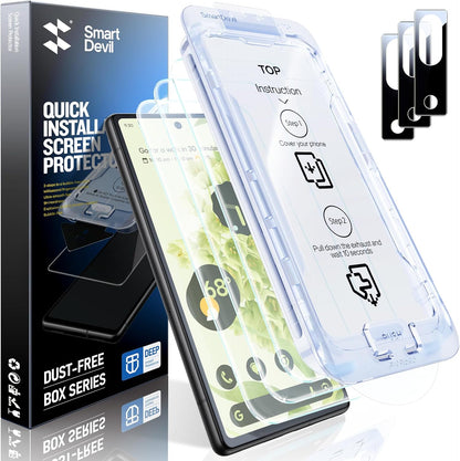 SMARTDEVIL [3+3 Pack for Google Pixel 6 Screen Protector with Camera Lens Protector, Finger Print Reader Compatible, Fast & Easy Installation, Clear 9H Tempered Glass Film, Alignment Frame