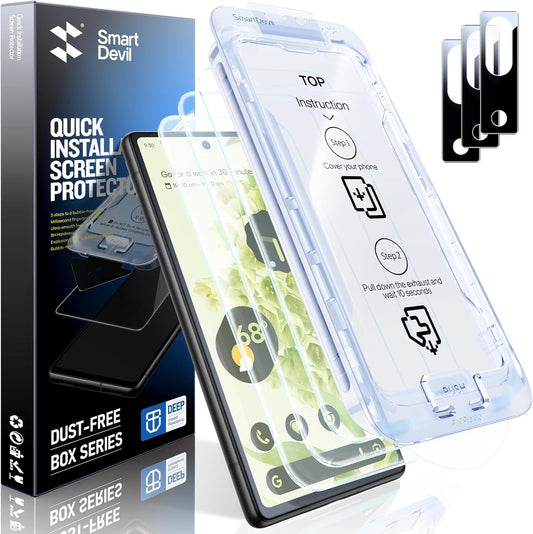 SMARTDEVIL [3+3 Pack for Google Pixel 6 Screen Protector with Camera Lens Protector, Finger Print Reader Compatible, Fast & Easy Installation, Clear 9H Tempered Glass Film, Alignment Frame