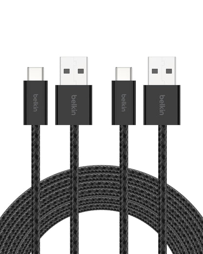 Belkin USB A to USB C Cable 2-Pack, 9.9ft, 15W - Type C Charger, iPhone Charger Cord, Soft, Braided, Flexible for iPhone 16 & 15, Galaxy S25, Pixel 9, iPad Pro, Airpods Pro, Switch & More - Black