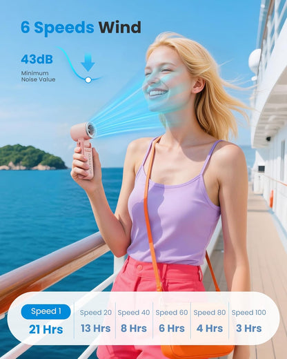 Gaiatop Portable Handheld Mini Fan, 21 Working Hours 6 Speeds, Rechargeable Battery Operated, 180° Foldable with LED Display, Small Desk Personal Fan for Women Gifts Travel, Working- Pink