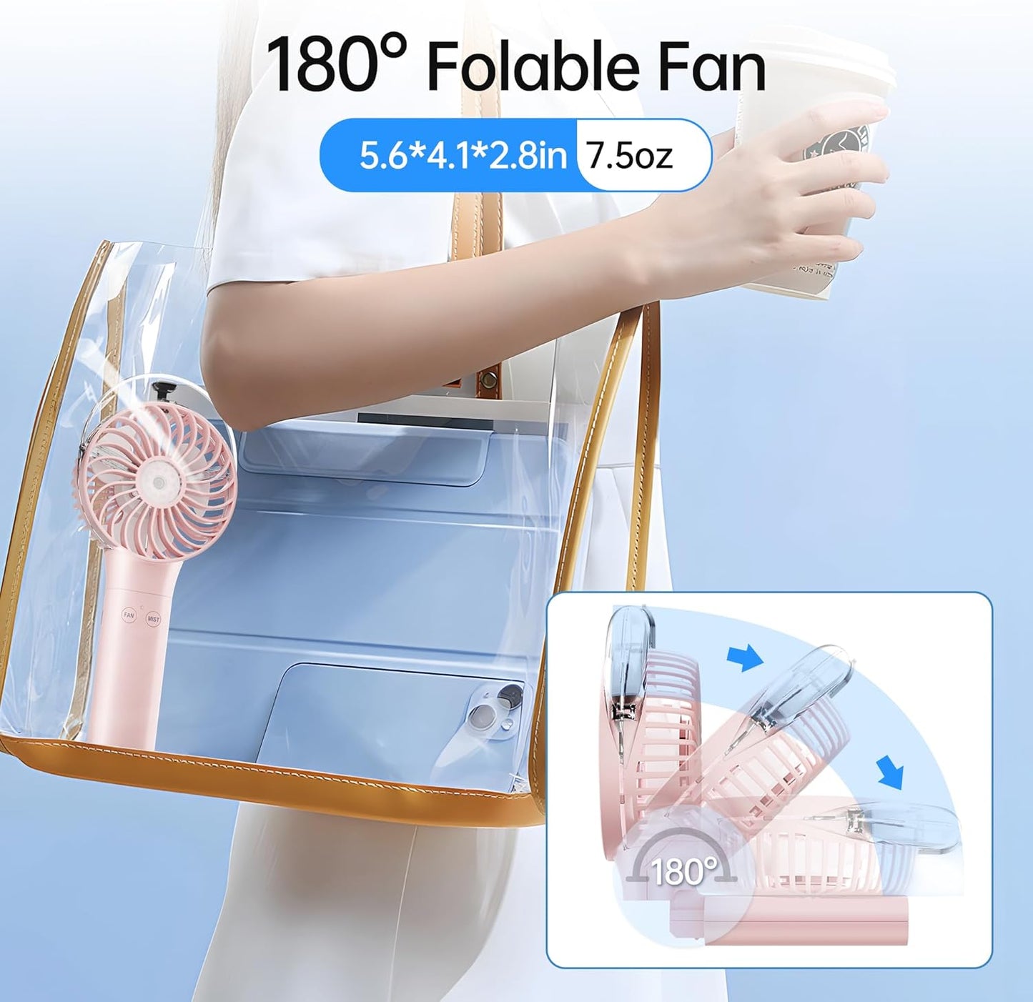 PANERGY Handheld Misting Fan – Rechargeable Battery Operated,Handheld Personal Fan with Mist Spray, Electric Hand Fans, 180° Foldable Mister Fans for Travel, Camping, Disney, Concerts, Office(Pink)