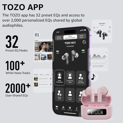 TOZO NC3 Hybrid Active Noise Cancelling Wireless Earbuds with 6 Mics AI Clear Call Ear Buds 55H Playtime with LED Display 32 Preset EQs via APP Bluetooth 5.3 IPX8 Waterproof in Ear Headphones