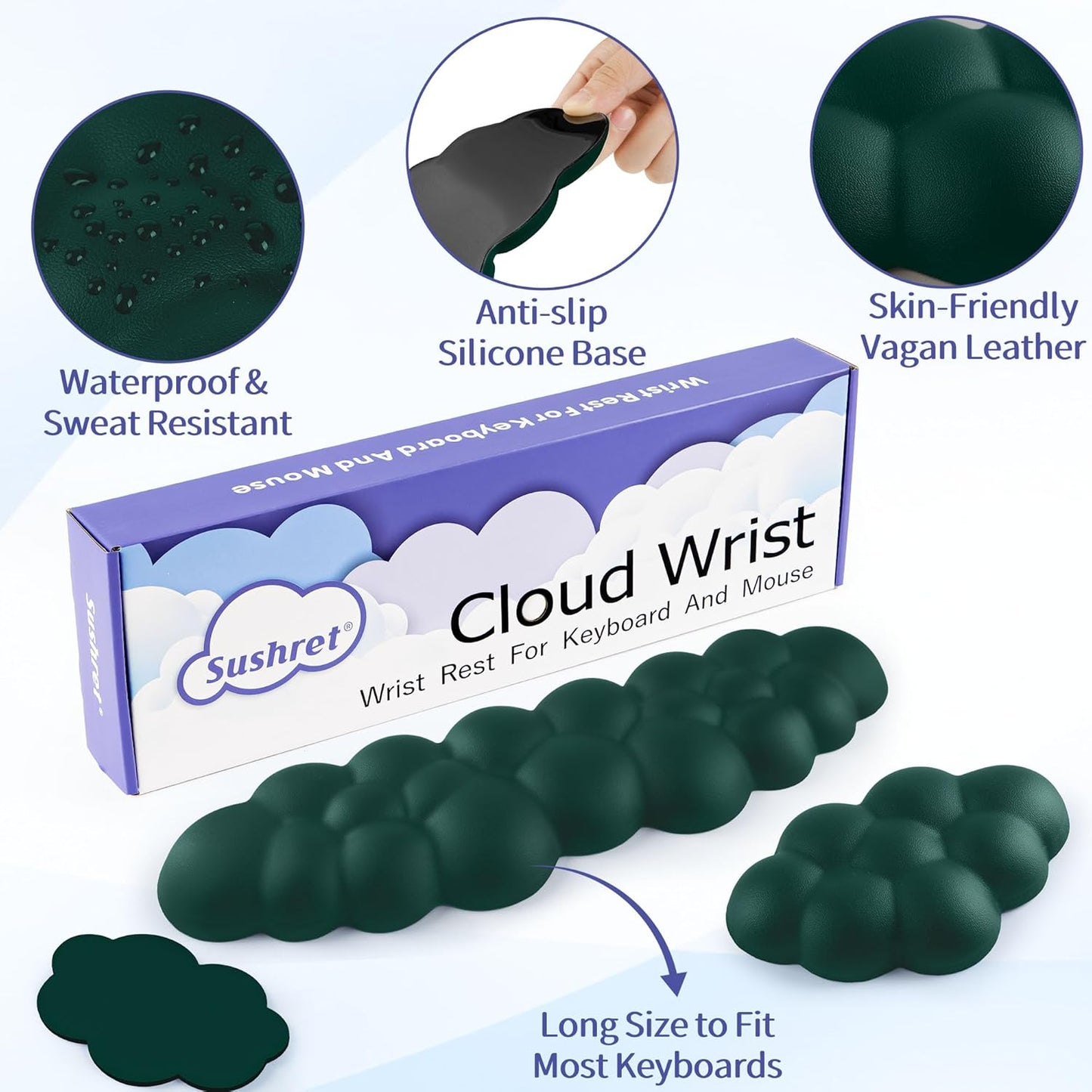 Cloud Wrist Rest Keyboard, Cloud Keyboard Wrist Pad Set with PU Leather Memory Foam, Cute Arm Rest for Palm Support, PC/Gaming Desk Accessories/Office Setup/Computer Hand Cushion - Dark Green