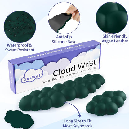 Cloud Wrist Rest Keyboard, Cloud Keyboard Wrist Pad Set with PU Leather Memory Foam, Cute Arm Rest for Palm Support, PC/Gaming Desk Accessories/Office Setup/Computer Hand Cushion - Dark Green