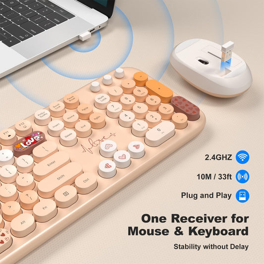 KNOWSQT Wireless Keyboard and Mouse Combo - Lovely Milktea Rainbow Full-Sized Typewriter Colorful Keyboards, Round Keycap USB Plug Play Retro Cute Keyboards for Windows, Laptop, PC, Desktop, Computer