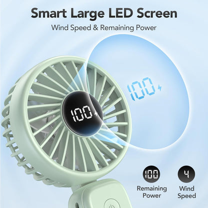PANERGY Portable Handheld Fan, 5000mAh Rechargeable, 14H Max Cooling Time, 4 Gear Wind & LED Display, 90° Foldable Design, 3-IN-1 Mini Fan for Travel Working Concerts Makeup - Green
