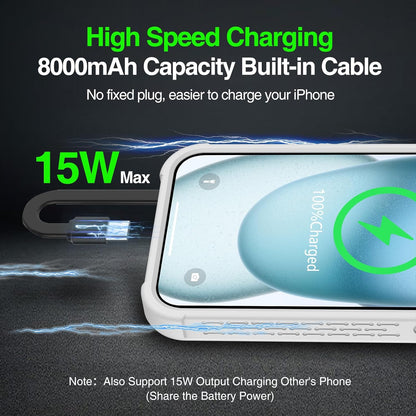 GIN FOXI Fast Charging Battery Case for iPhone 15 Pro Max/15 Plus, 8000mAh 15W Ultra Slim Charger Case Rechargeable Portable Extended Power Bank Case Cover Battery Pack Built-in Cable, Grey(6.7”)