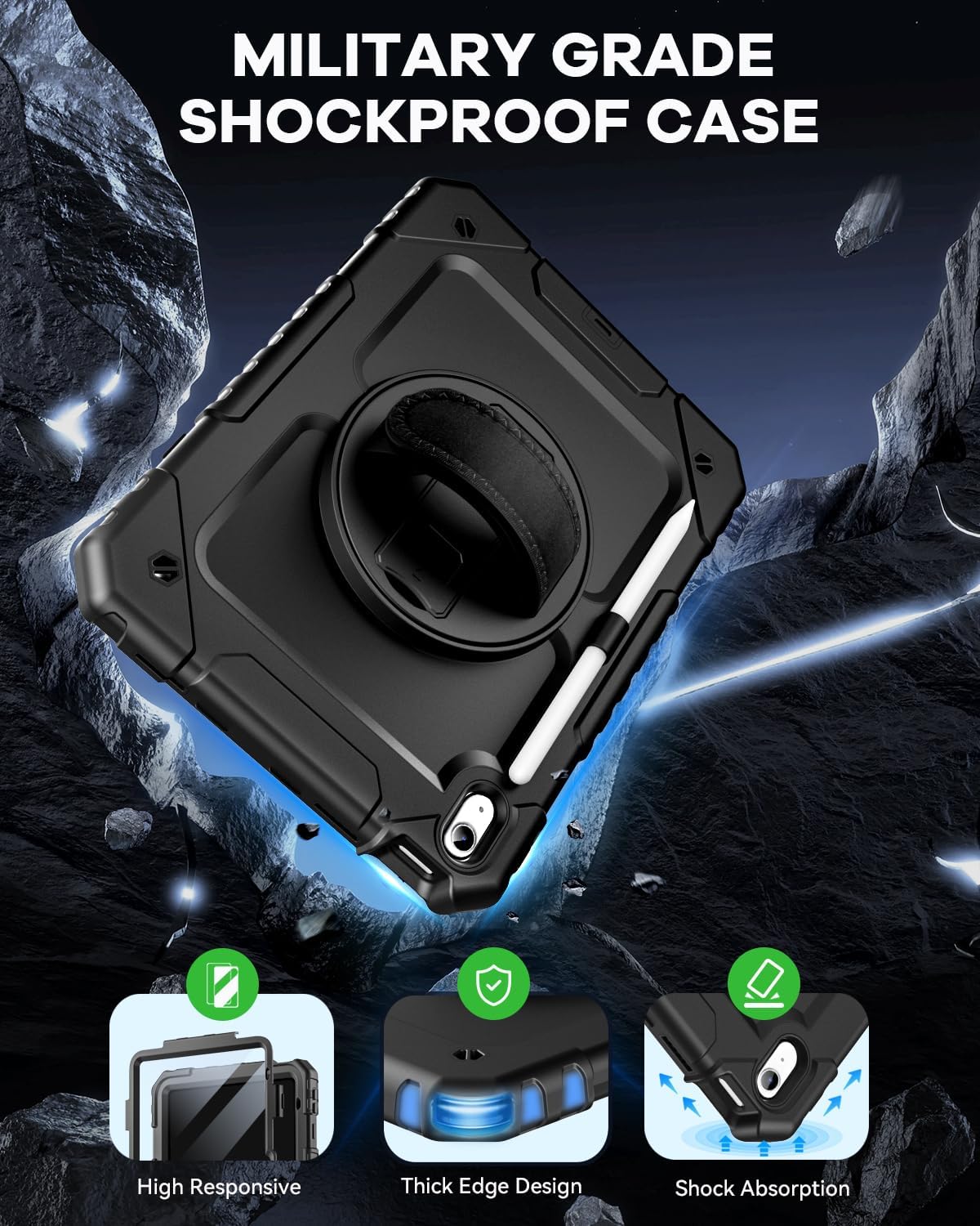 Cantis Case for iPad 11-inch (A16) 2025/ iPad 10th Generation 2022 (10.9 inch) with Screen Protector, iPad 11th Case with 360 Degree Rotating Stand/Shoulder Strap/Pencil Holder, Black