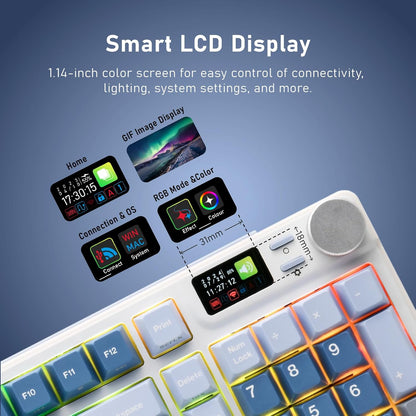 iRocks K85R Wireless RGB Backlit Mechanical Gaming Keyboard with LCD Display, Hot-Swappable Pre-lubed Brown Switches, 98 PBT Keys, USB-C Detachable Cable (Aurora Blue, Bubble Switch)