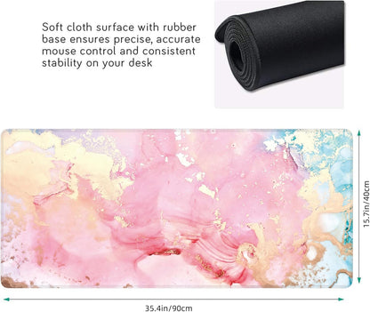Cute Pink Marble Large Mouse Pad,Gaming Keyboard Desk Pad,Extended Mouse Mat Non-Slip Rubber Base with Stitched Edges for Office Game Home XXL 35.4"x15.7"