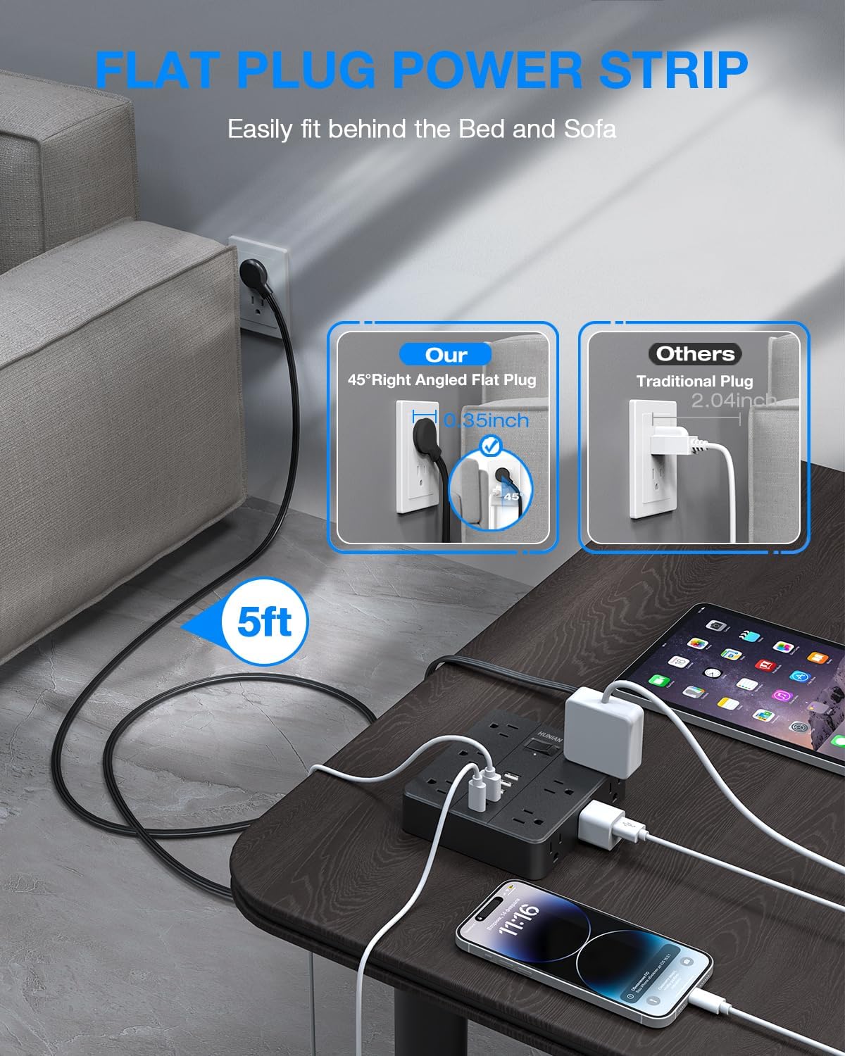 Surge Protector Power Strip 15 Ft Cord, HUNIAN Flat Plug Extension Cord with 12 Widely Spaced Outlets 6 USB Charger (2 USB C Ports), Desk Charging Station for Home Office Supplies, Dorm Room, Black