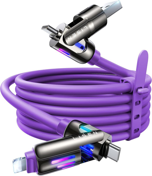 LISEN 240W Chubby USB C to USB C, 4 in 1 Charging Cable (6.6FT) with Light, USB A/C to C/L Multi Charging Cable for iPhone 16 15 14 Pro Max/MacBook/iPad Pro/SamSungS24,Purple