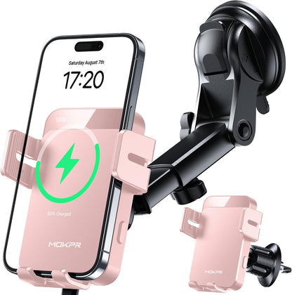 MOKPR Wireless Car Charger, 15W Auto Clamping Car Charger Dash Windshield Air Vent Phone Holder Compatible with iPhone 16 15 14/13/13 Pro/12 pro/12/11/X/8, Samsung S24/S23/S22, Pink