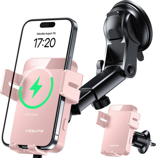 MOKPR Wireless Car Charger, 15W Auto Clamping Car Charger Dash Windshield Air Vent Phone Holder Compatible with iPhone 16 15 14/13/13 Pro/12 pro/12/11/X/8, Samsung S24/S23/S22, Pink