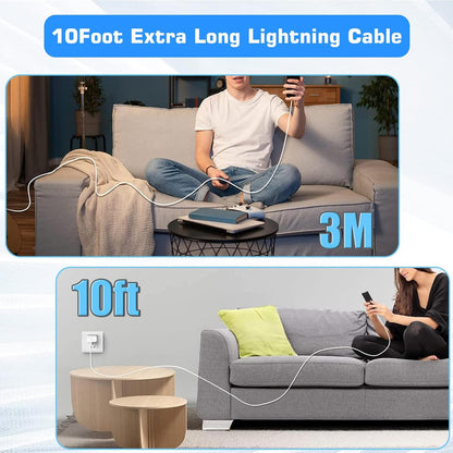 10FT iPhone Fast Charger,[Apple MFi Certified]10Foot Extra Long USB C to Lightning Cable PD Fast Charger iPhone Block Cubes Adapter Quick Charging for iPhone14 Pro Max/14 Plus/13 Pro/Mini/12/11/X,iPad