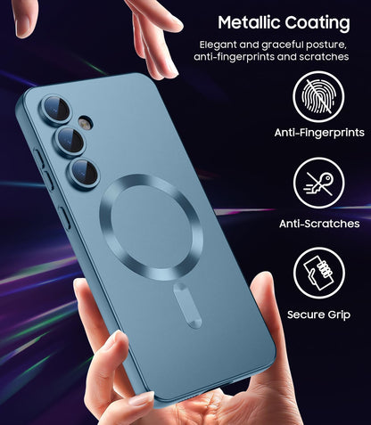 Magnetic for Samsung Galaxy S25 Plus Case [Compatible with MagSafe][Built-in Camera Lens Protector] Slim Soft Silicone Bumper Shockproof Metallic Luster Phone Shell (Green)