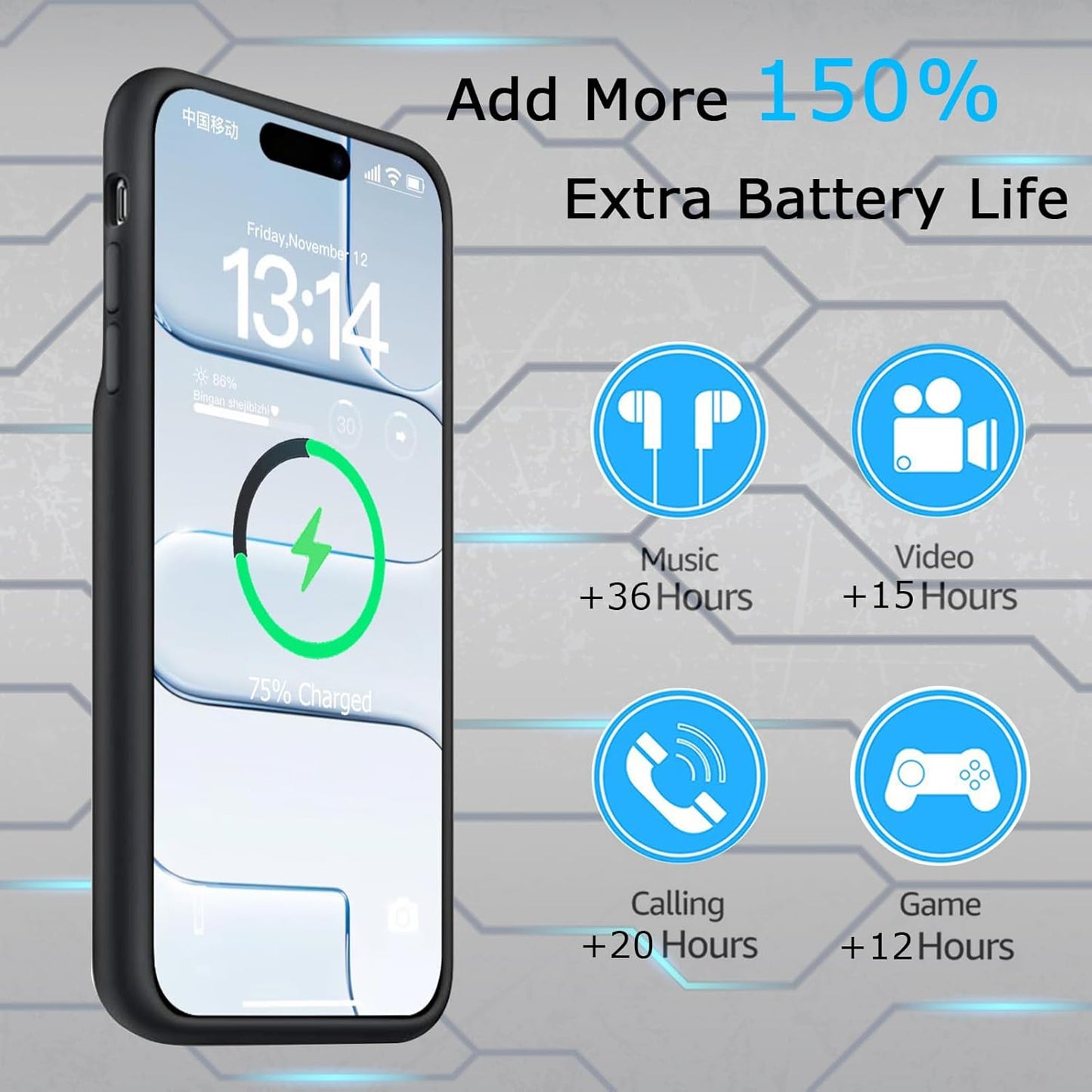 Battery Case for iPhone Air, Upgraded 12000mAh Rechargeable Portable Extended Battery Pack Supported Qi Wireless Charging Case Compatible with iPhone Air(6.5 inch) Charger Cover Power Bank (Black)