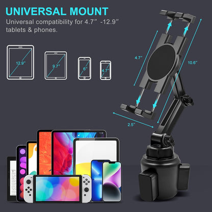 Cup Holder Car Tablet Mount, 360° Adjustable 2-Arm Stand Holder for iPad Pro 12.9/11/10.5/9.7/Air/Mini 6/5/4, Samsung Galaxy Tab/Z Fold 6/5, Amazon Fire HD, iPhone 16/15/14/Pro, 4.7-12.9" Tab & Phone
