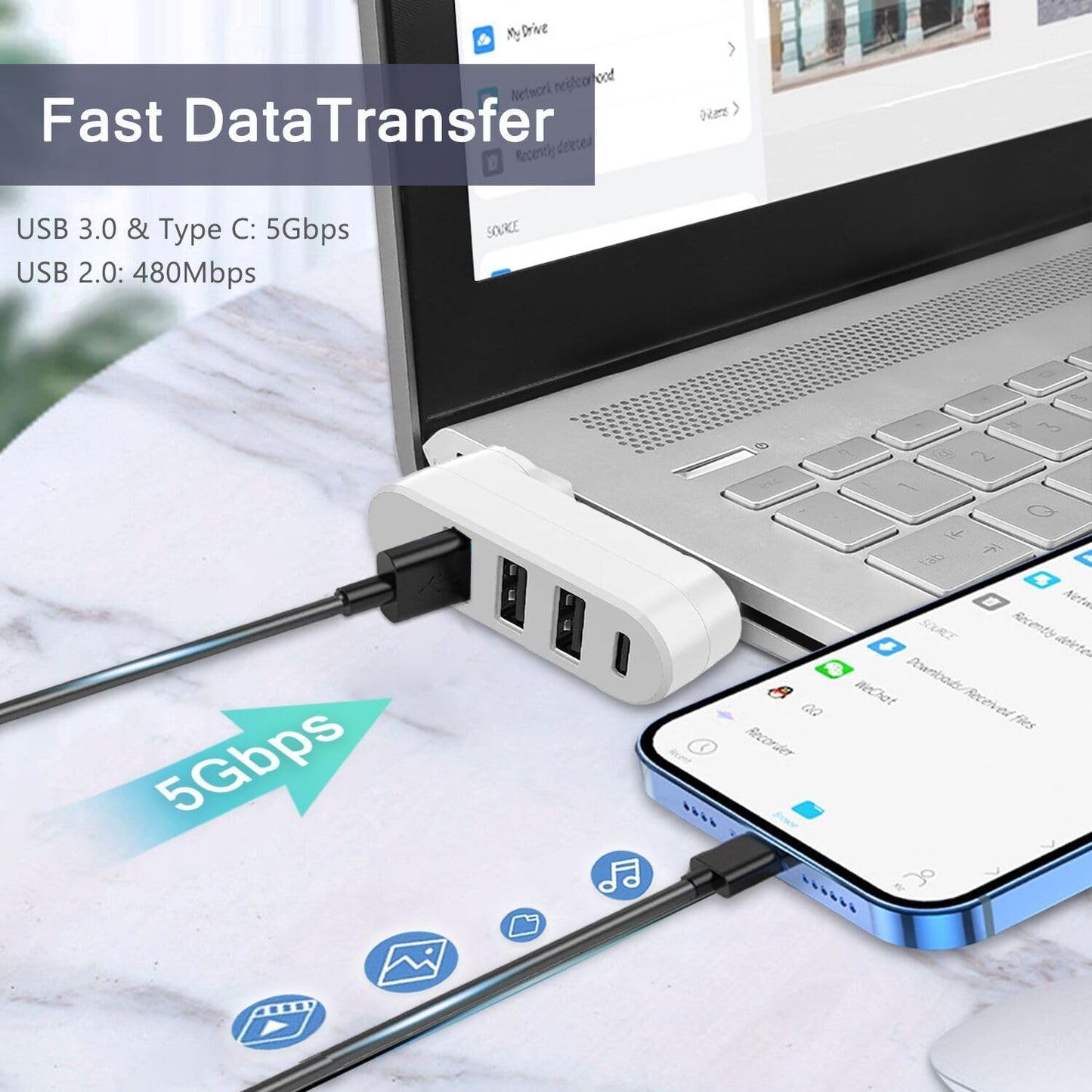 VIENON 4-Port USB 3.0 Hub [90/180 Rotatable], USB Splitter with 3 USB Ports & 1 USB C Power/Data Port, USB Extender for Laptops, Cars, iMac, MacBook Air, MacBook Pro