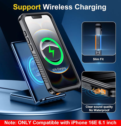 SPIDERCASE for iPhone 16e Case Waterproof,Built-in Screen & Camera Lens Protector[IP68 Underwater] Full Body Protection Phone Case for iPhone 16e 6.1'', Black/Clear