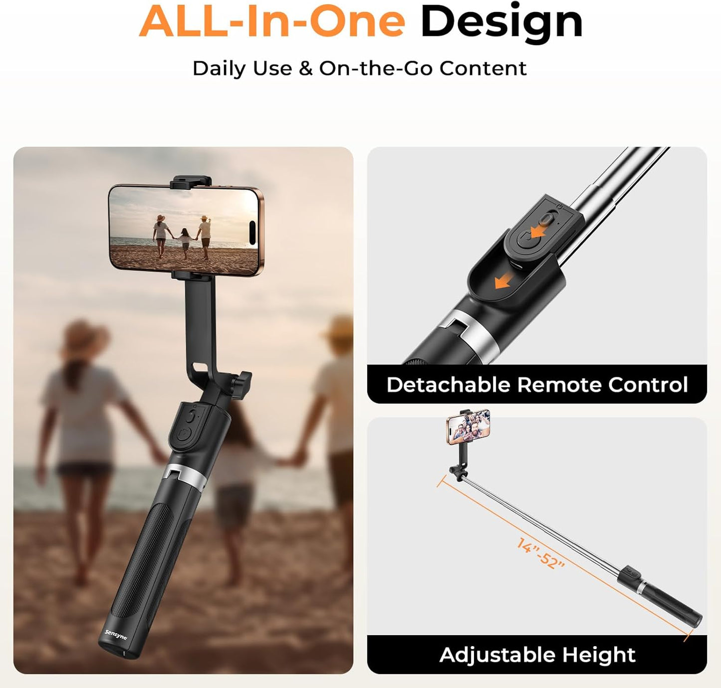 Sensyne Selfie Stick for Phone, Extendable Travel Tripod with Detachable Remote for Photography, Selfies, Compatible with All Cell Phones, Black