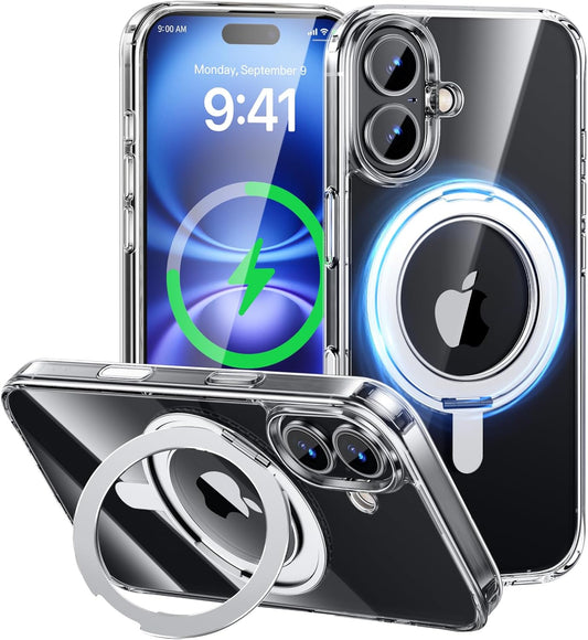 MAGIC JOHN 360° Rotatable Magnetic Invisible Stand for iPhone 16 Case [Camera Control Button] [Compatible with MagSafe] 16FT Military Grade Shockproof for iPhone 16 Case 6.1'' with Kickstand, Clear