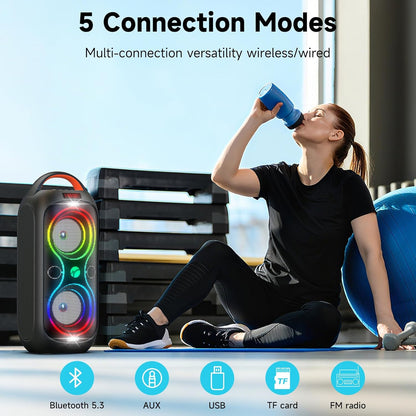 Portable Bluetooth Speaker 120dB Loud with Beat-Sync LED Lights & Dual 4-inch Speakers – 5 RGB Modes + 8 Colors, Bluetooth 5.3, USB/TF/AUX/FM/Mic, TWS Pairing – for Outdoor, Party, Camping & Beach